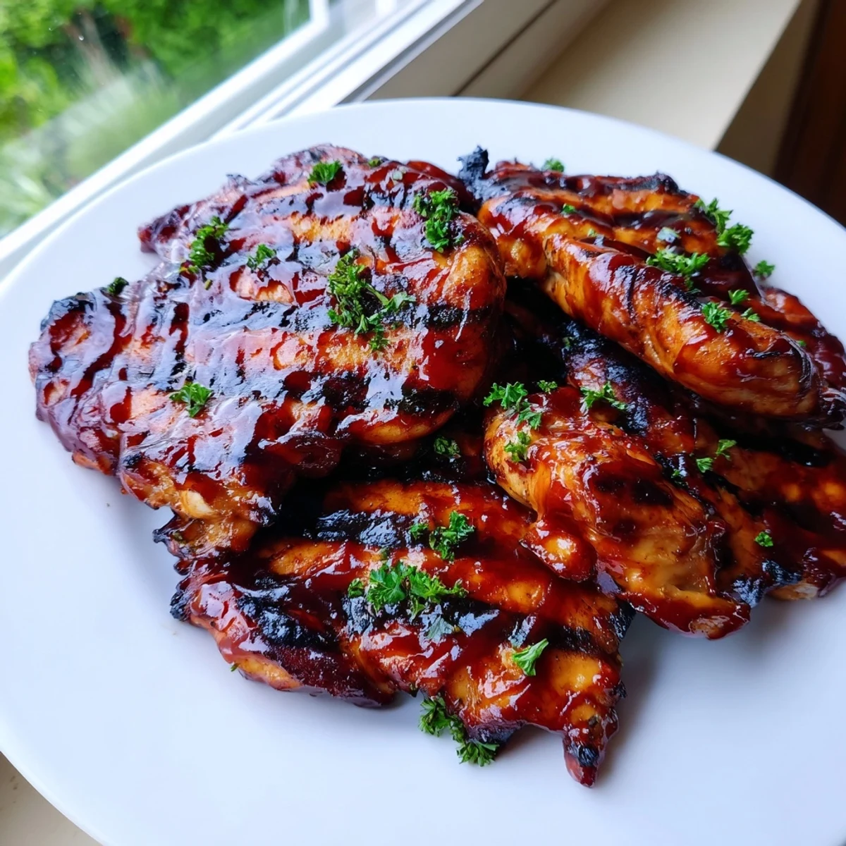 Juicy grilled Coca Cola glazed chicken breast sliced open showing tender meat with charred grill marks