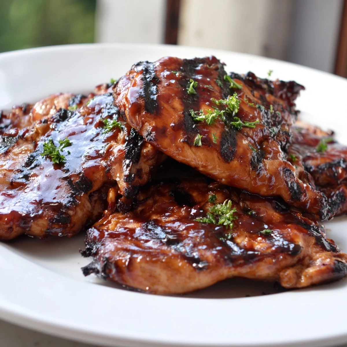 Golden grilled Coca Cola glazed chicken breast plated with fresh parsley and summer grilled vegetables
