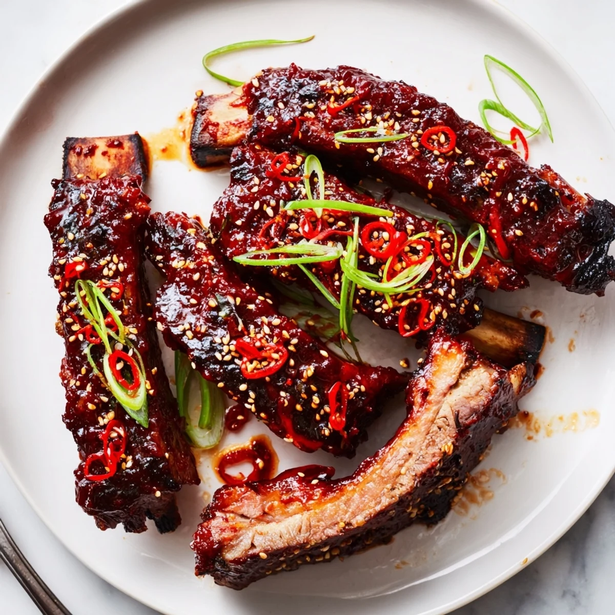 Glazed Korean BBQ lamb ribs glistening with caramelized sauce and fresh yuzu