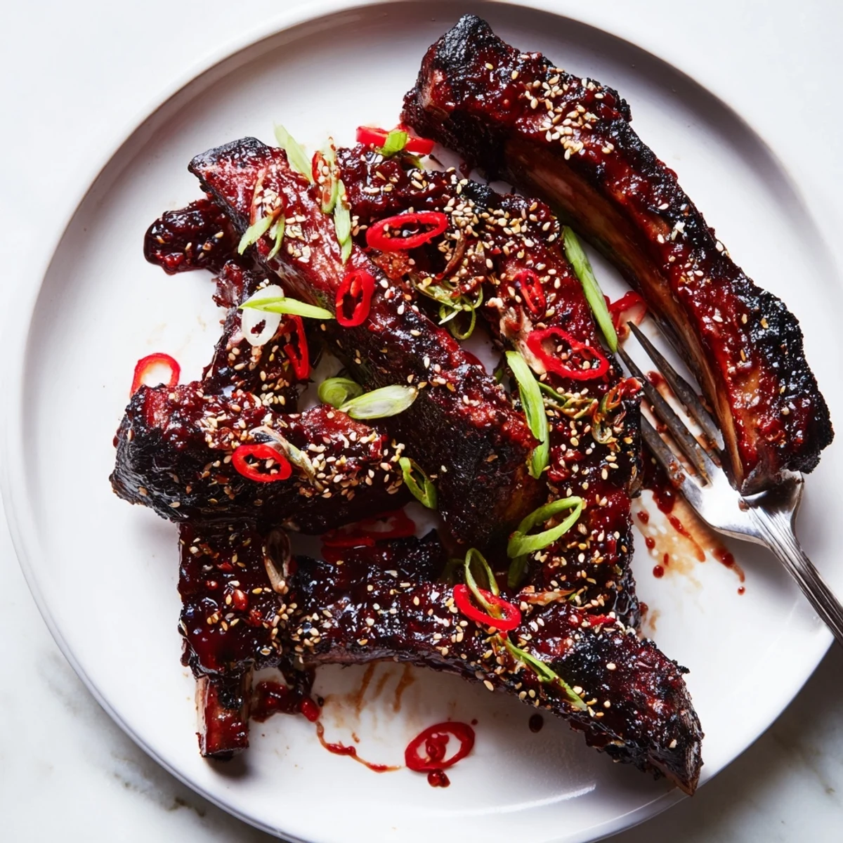 Juicy Korean BBQ lamb ribs dripping with sticky glaze and bright yuzu citrus