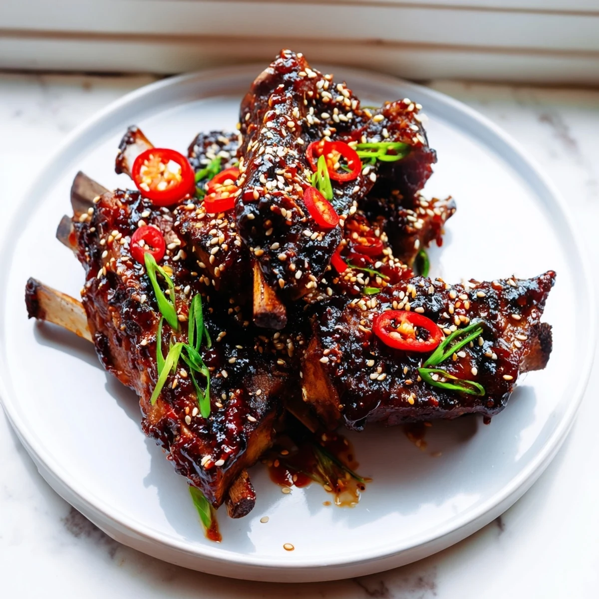 Crispy charred Korean BBQ lamb ribs topped with scallions and sesame seeds