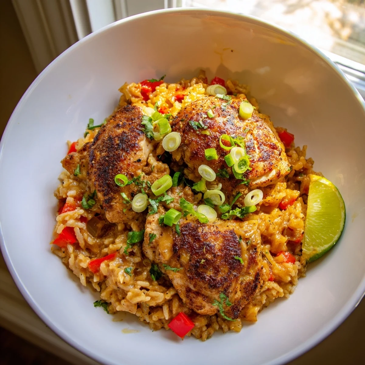 Spicy jerk chicken rice steaming in a Dutch oven topped with spring onions and lime wedges
