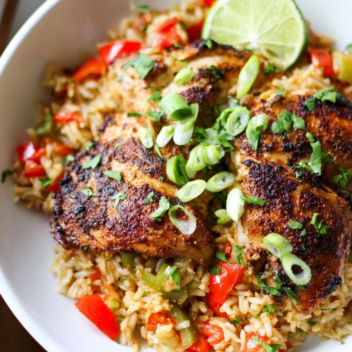 Golden jerk chicken thighs nestled in fragrant coconut rice with colorful bell peppers and fresh herbs