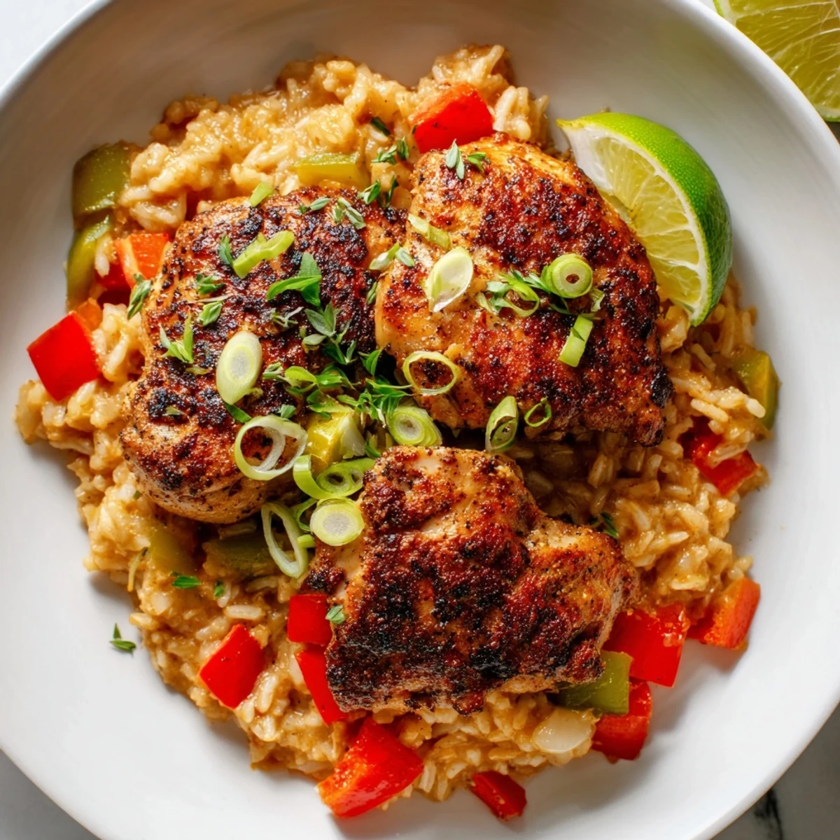 Tender Caribbean jerk chicken served over seasoned rice garnished with cilantro and bright lime wedges