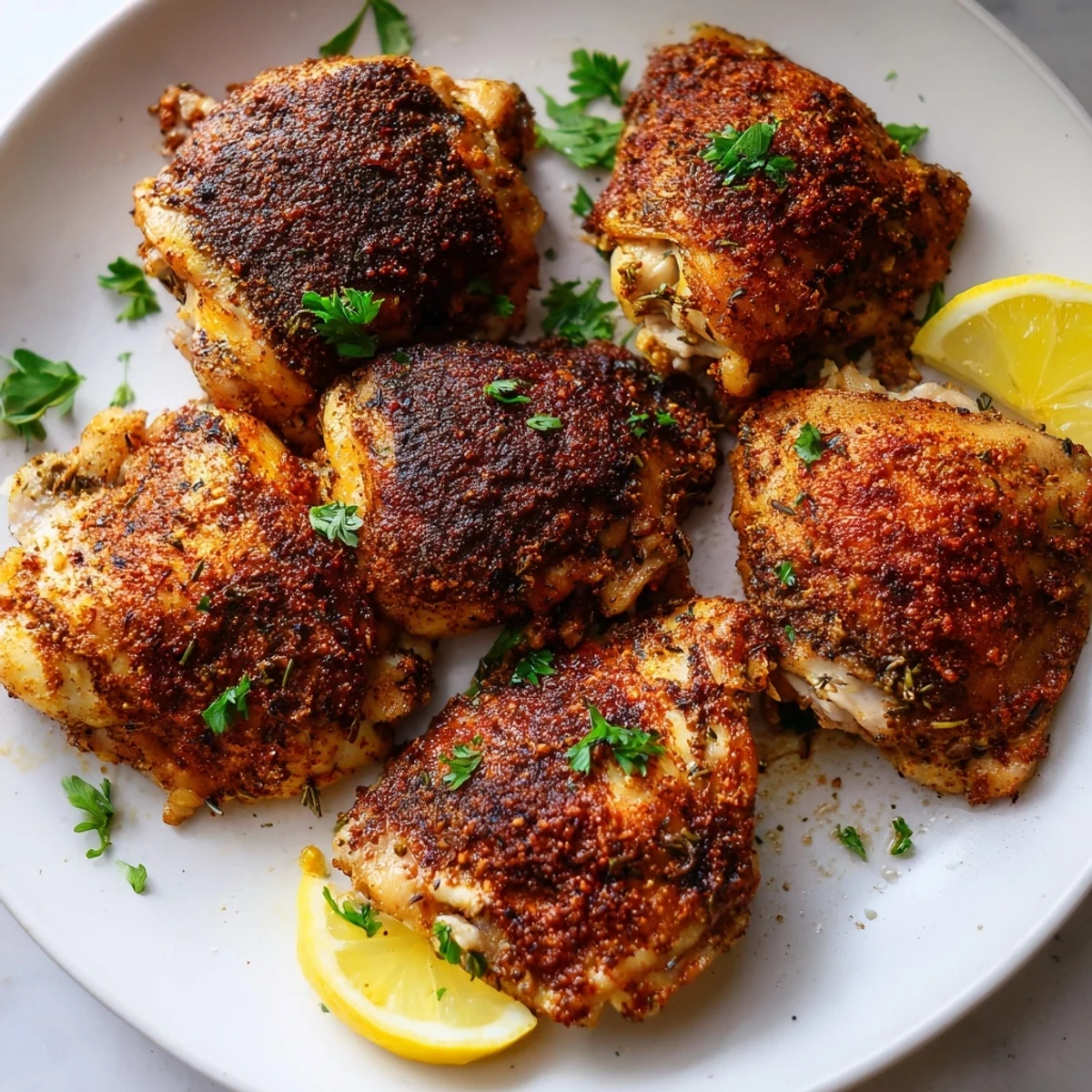 Golden crispy oven baked chicken thighs with herb-crusted skin on a baking sheet