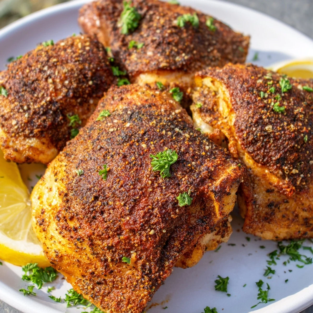 Perfectly roasted oven baked chicken thighs with crispy golden skin ready to serve