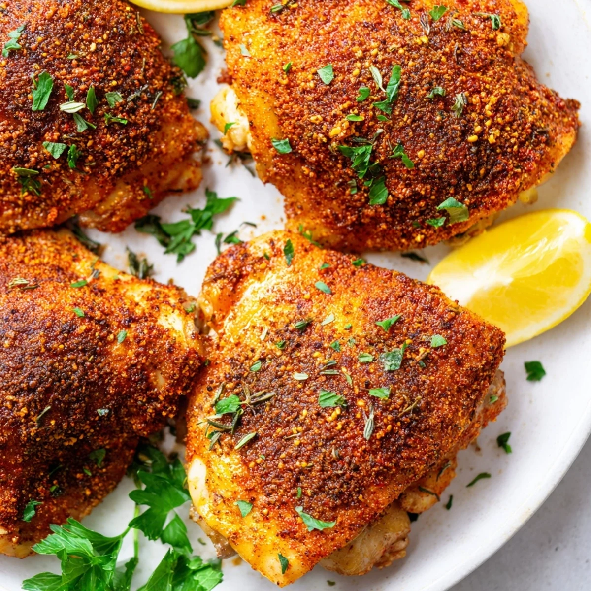 Juicy oven baked chicken thighs garnished with fresh parsley and lemon wedges