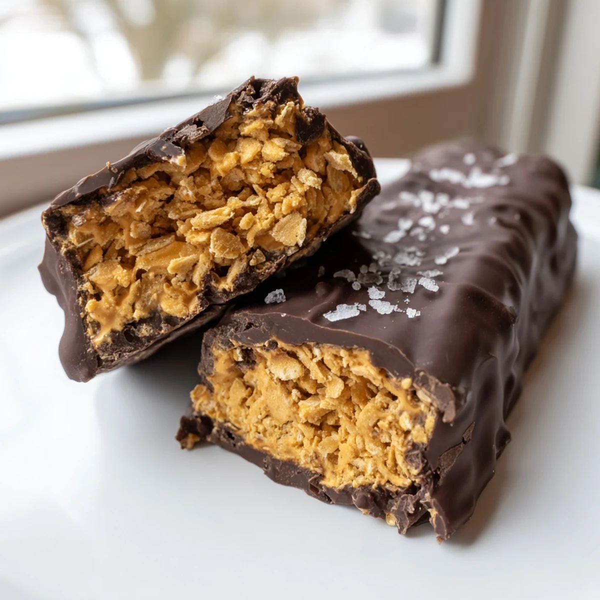 Crunchy healthy homemade butterfingers dipped in glossy dark chocolate on parchment paper