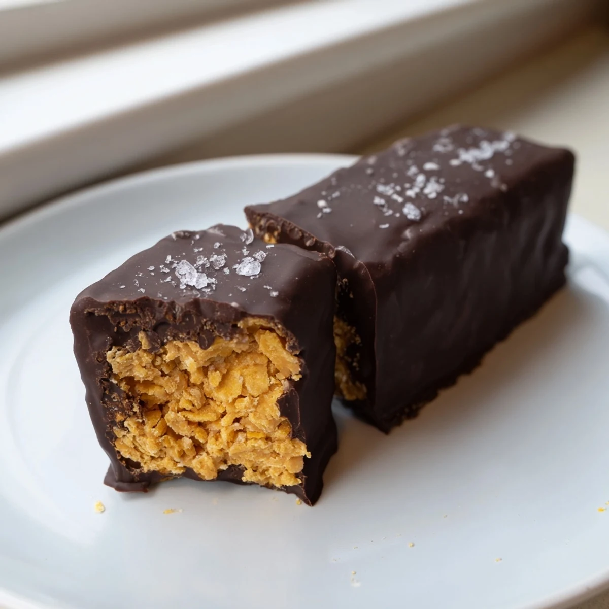 Chewy peanut butter healthy homemade butterfingers topped with flaky sea salt, ready to serve