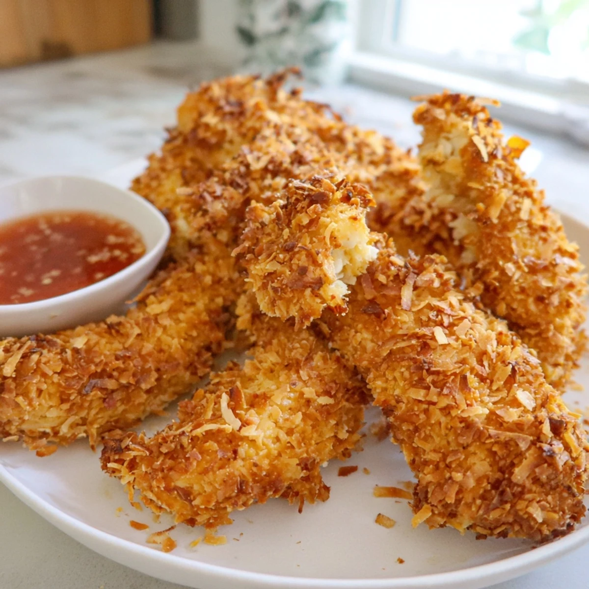 Golden crunchy coconut chicken strips served hot with a sweet chili dipping sauce