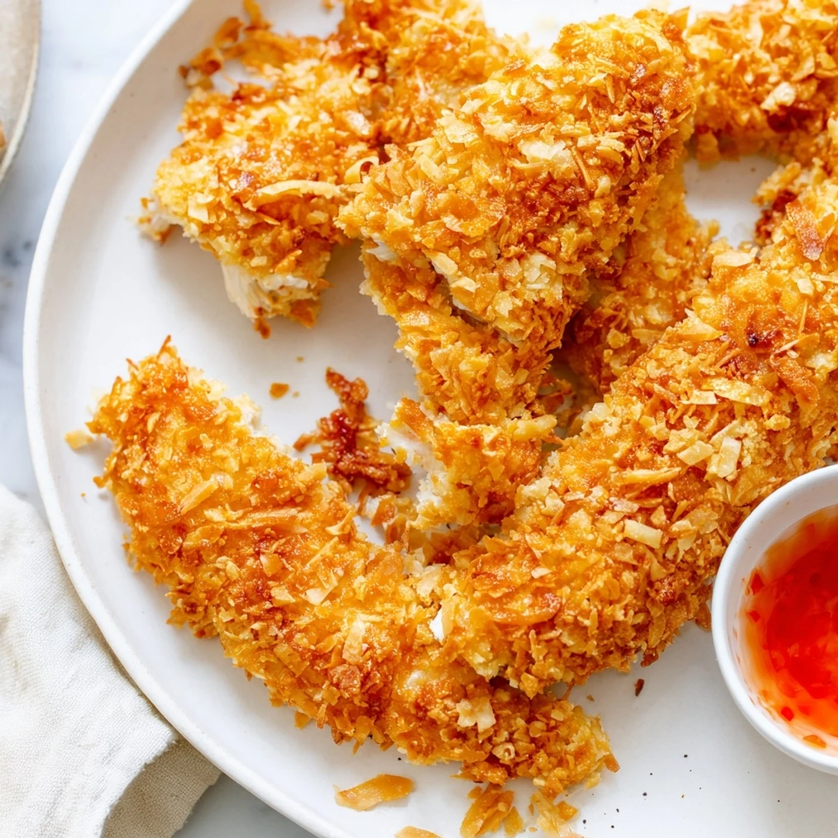 Crispy coconut chicken arranged on a rustic plate with mango chutney alongside