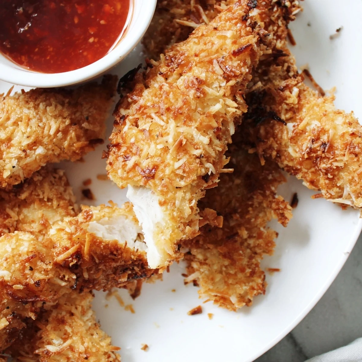 Crunchy coconut chicken fresh from the skillet, golden and ready for sharing