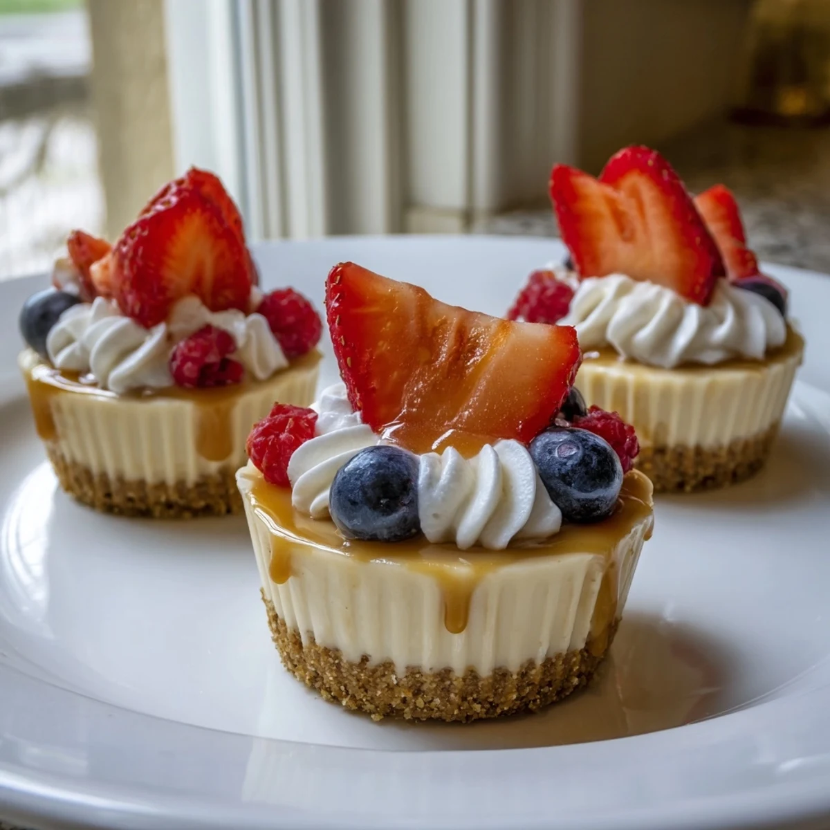 Creamy mini cheesecakes topped with fresh berries and golden graham crust