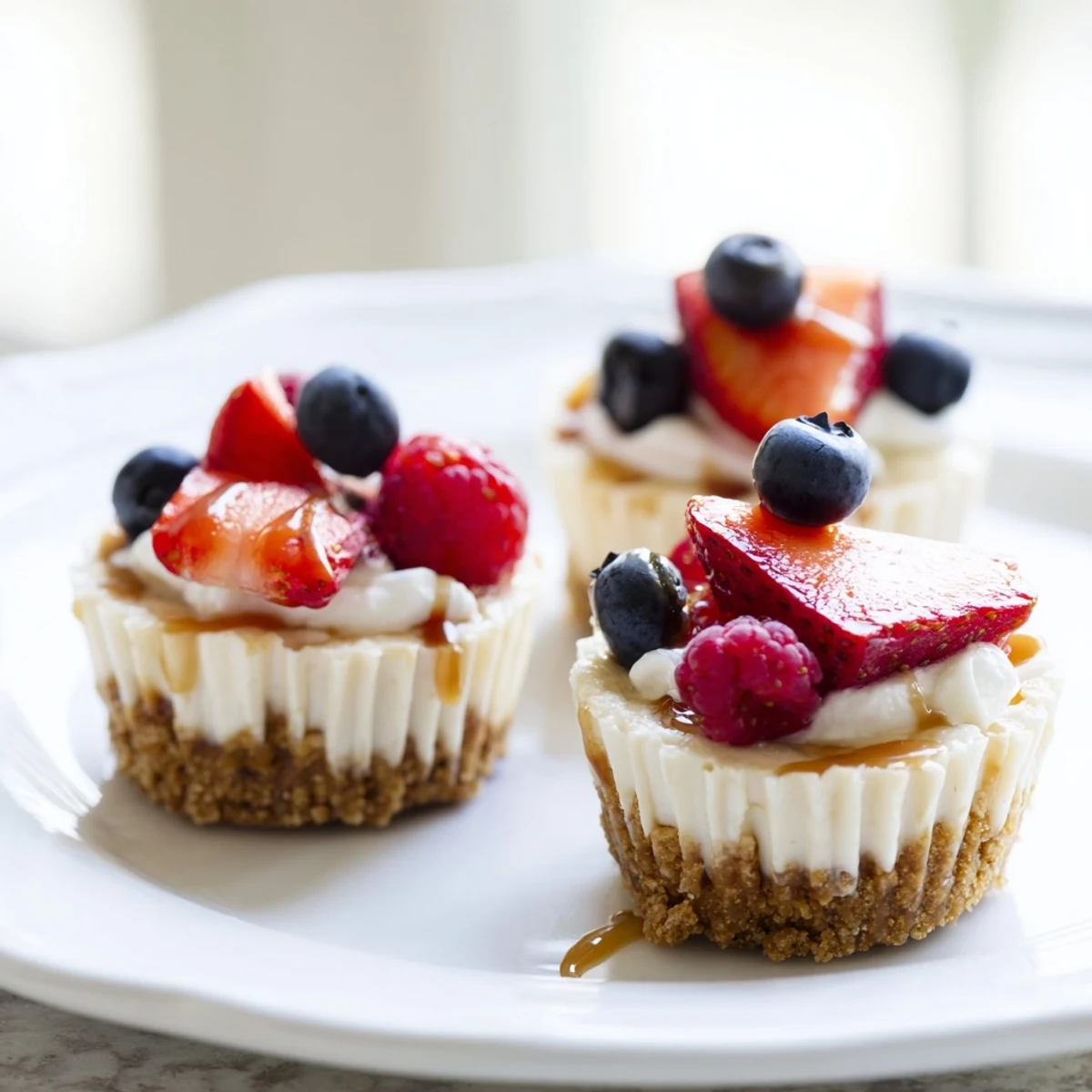 Individual mini cheesecakes with whipped cream swirled high atop each cup