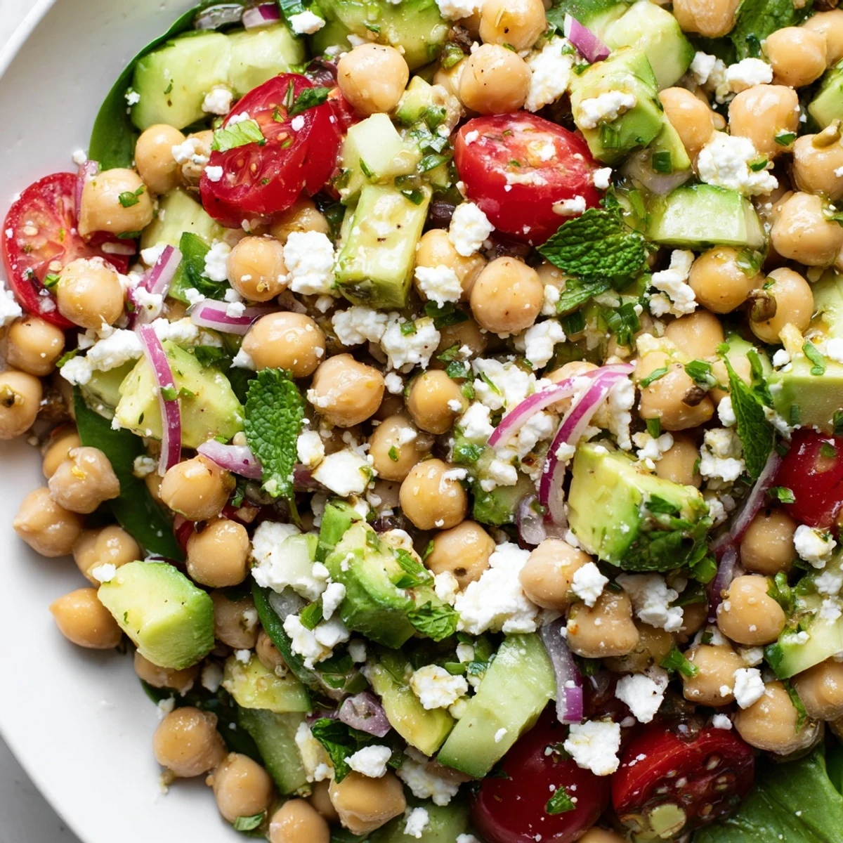 Creamy chickpea feta avocado salad piled high in a rustic white bowl