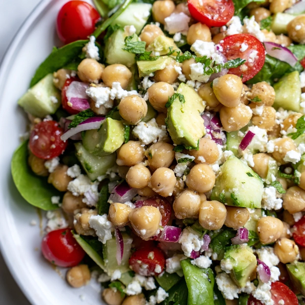 Chickpea feta avocado salad glistening with zesty lemon dressing and fresh herbs