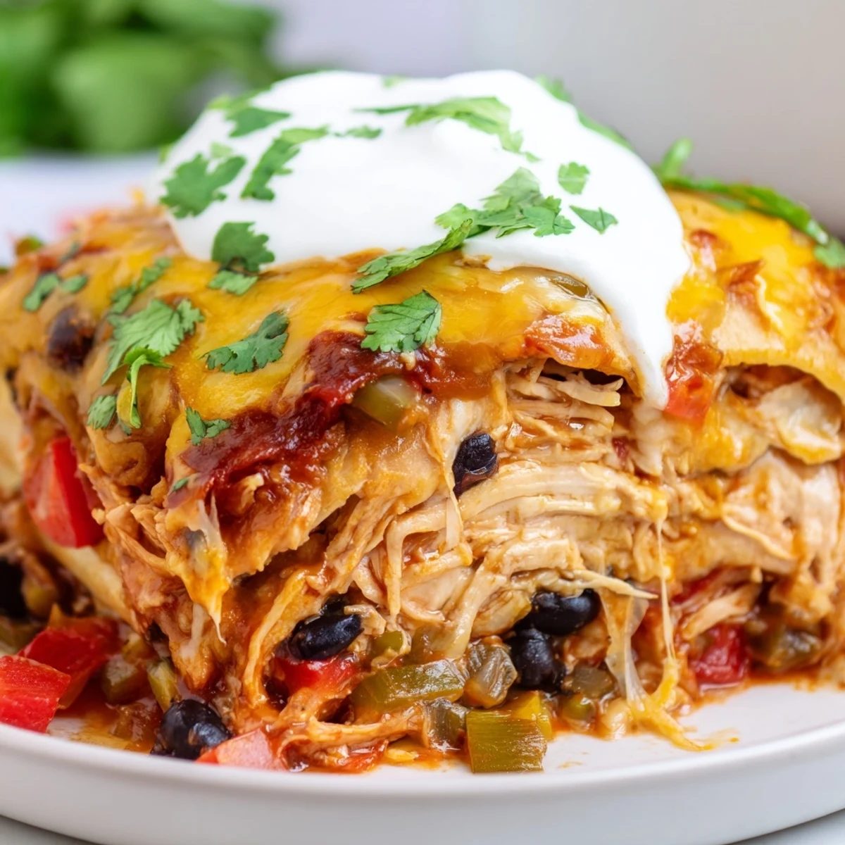 Golden bubbling chicken burrito casserole with melted cheese and fresh cilantro garnish