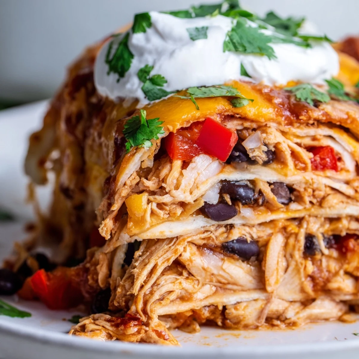 Hearty chicken burrito casserole fresh from the oven with sour cream dollops