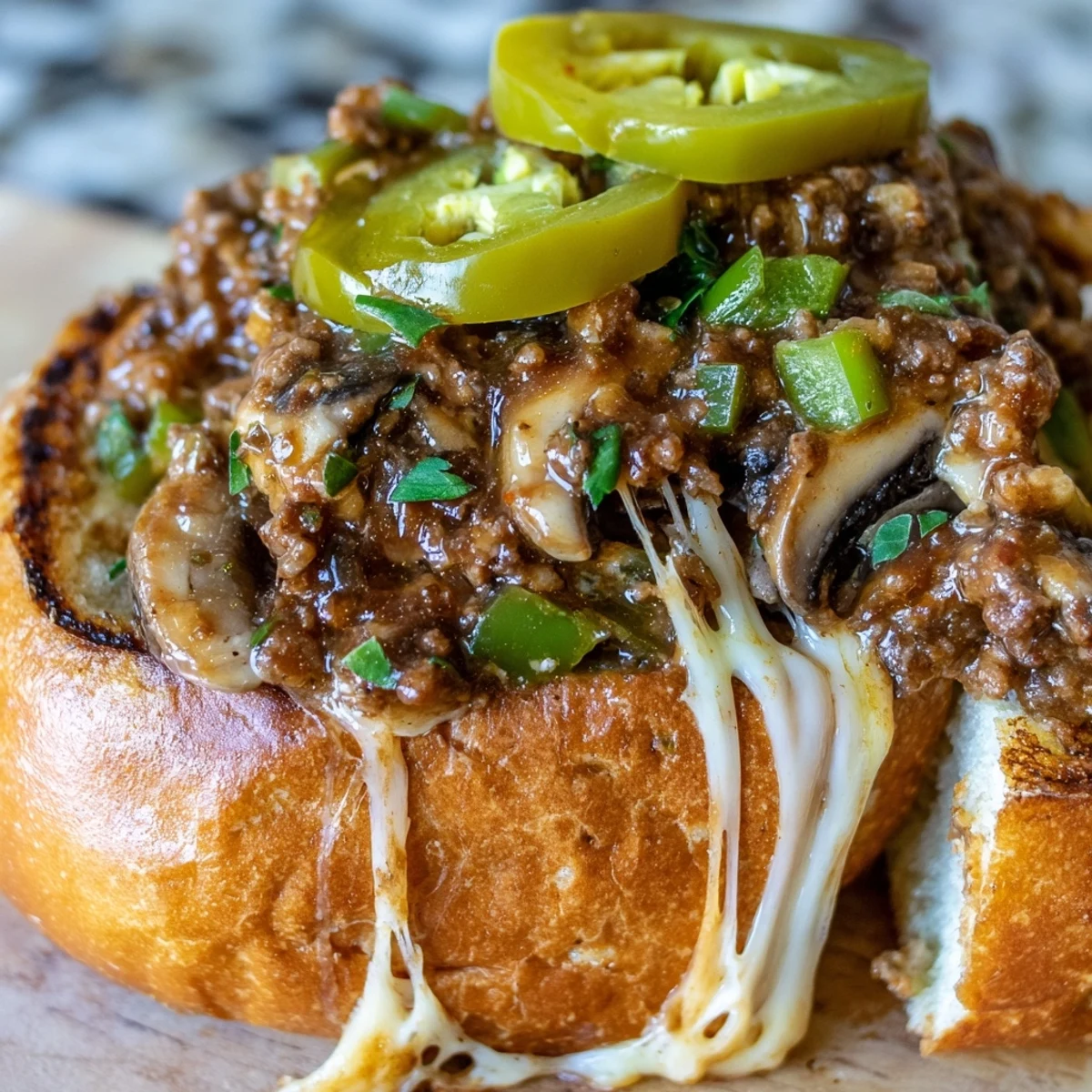 Cheesy Philly Sloppy Joes with melted provolone dripping over golden toasted brioche buns