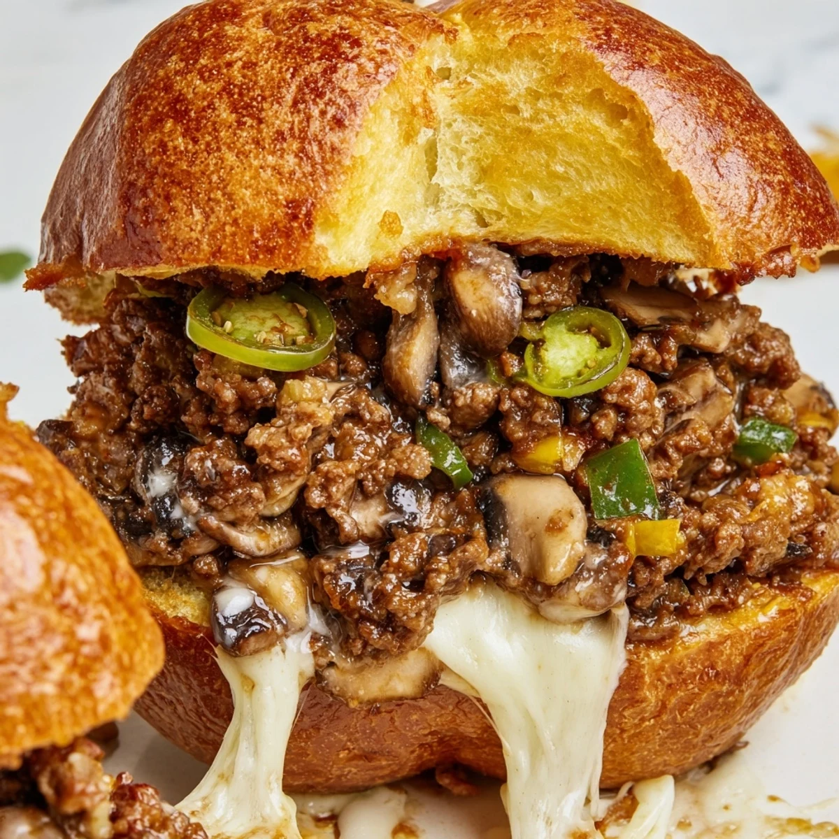 Juicy ground beef and sautéed peppers smothered in cheese inside a toasted bun