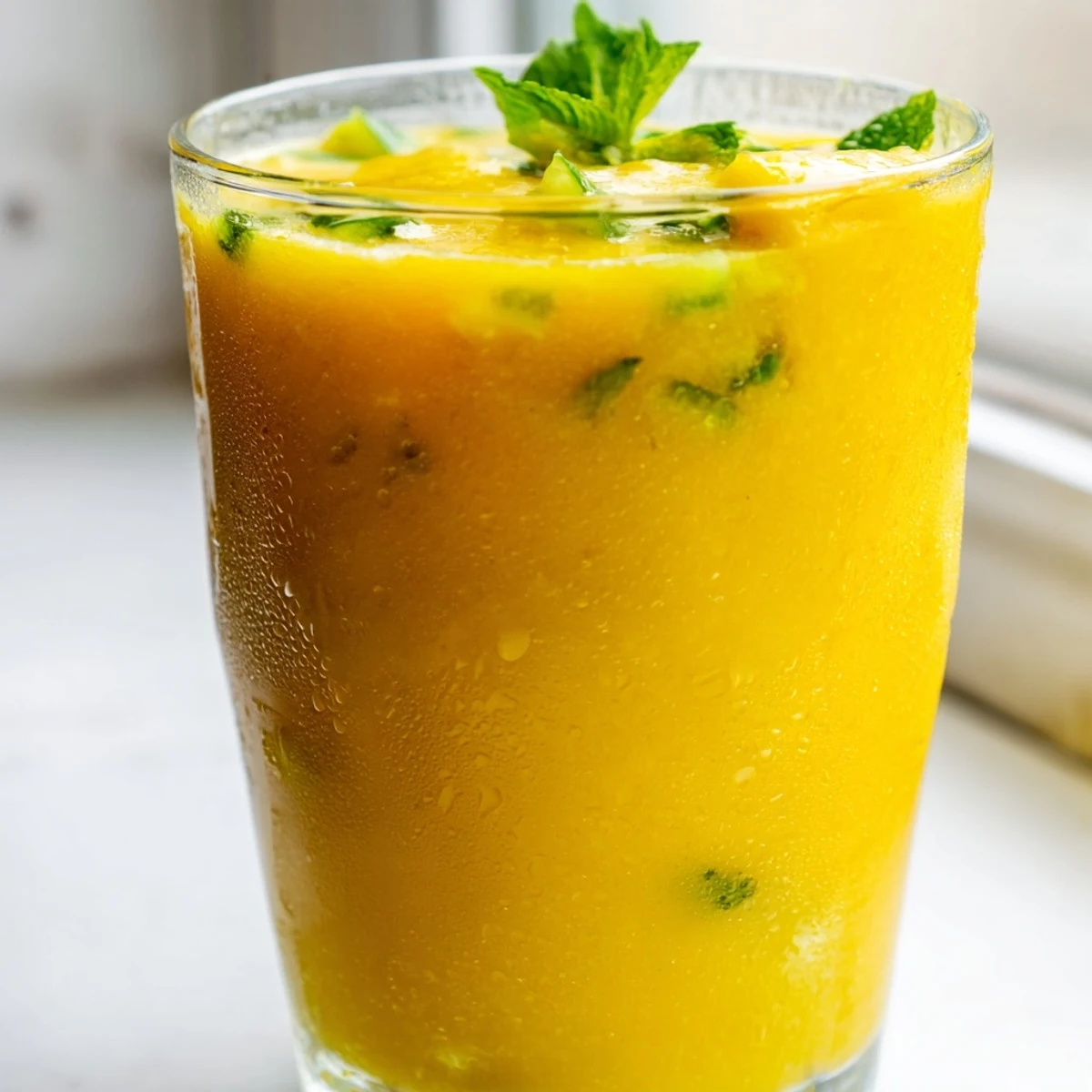Creamy mango cucumber smoothie poured into two tall glasses with lime wedges on a sunny kitchen counter