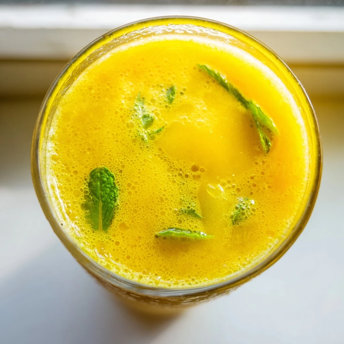 Bright green mango cucumber smoothie garnished with fresh mint leaves beside a striped straw and diced fruit