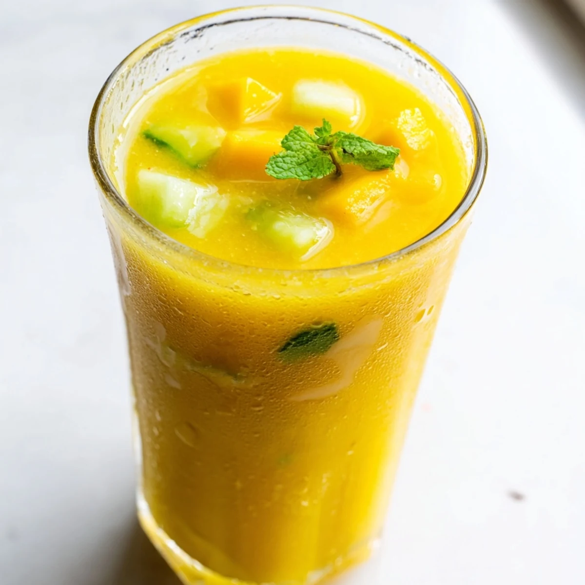Thick tropical mango cucumber smoothie served over ice in a mason jar with a bamboo reusable straw