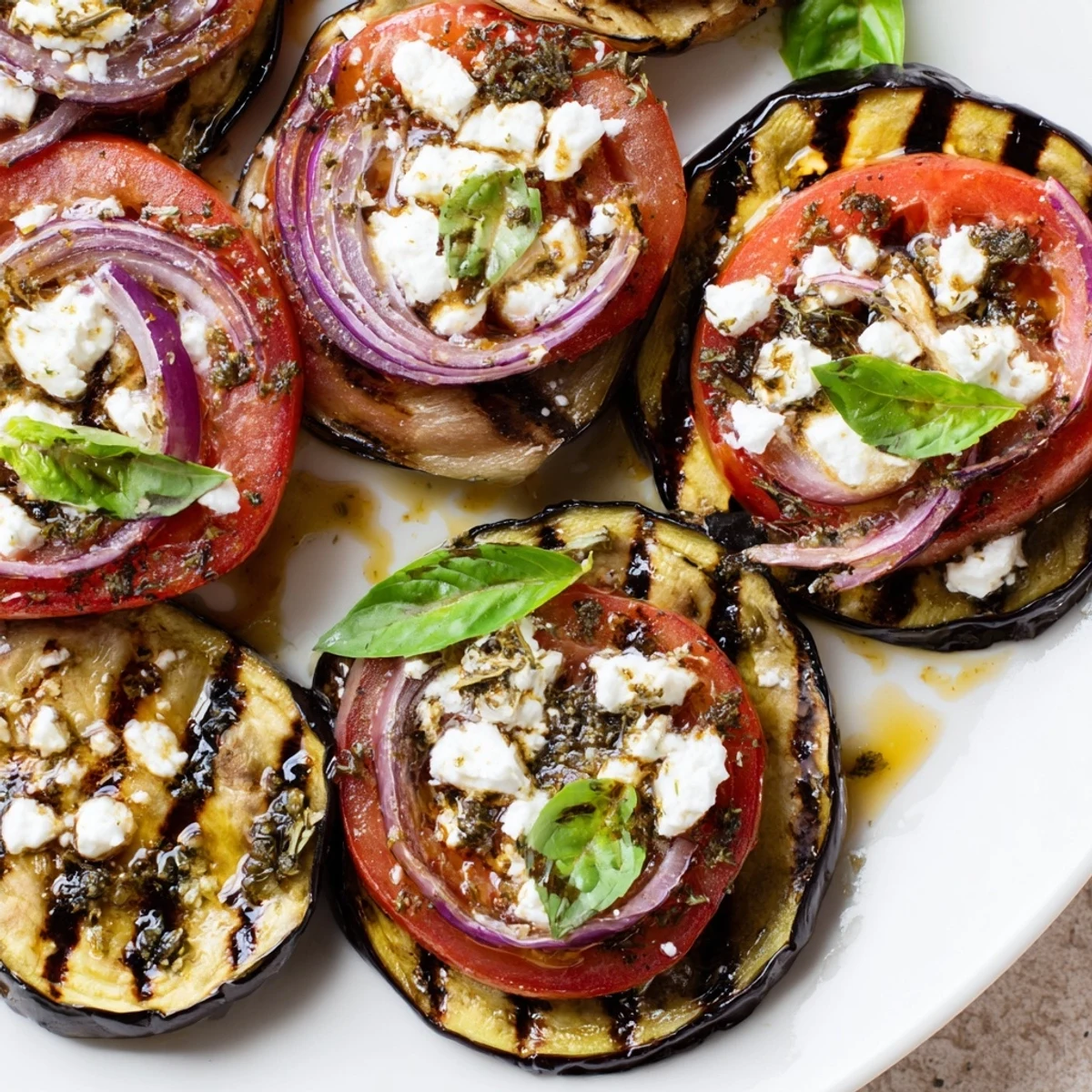 Charred grilled tomato eggplant rounds glistening with balsamic marinade and topped with herbs