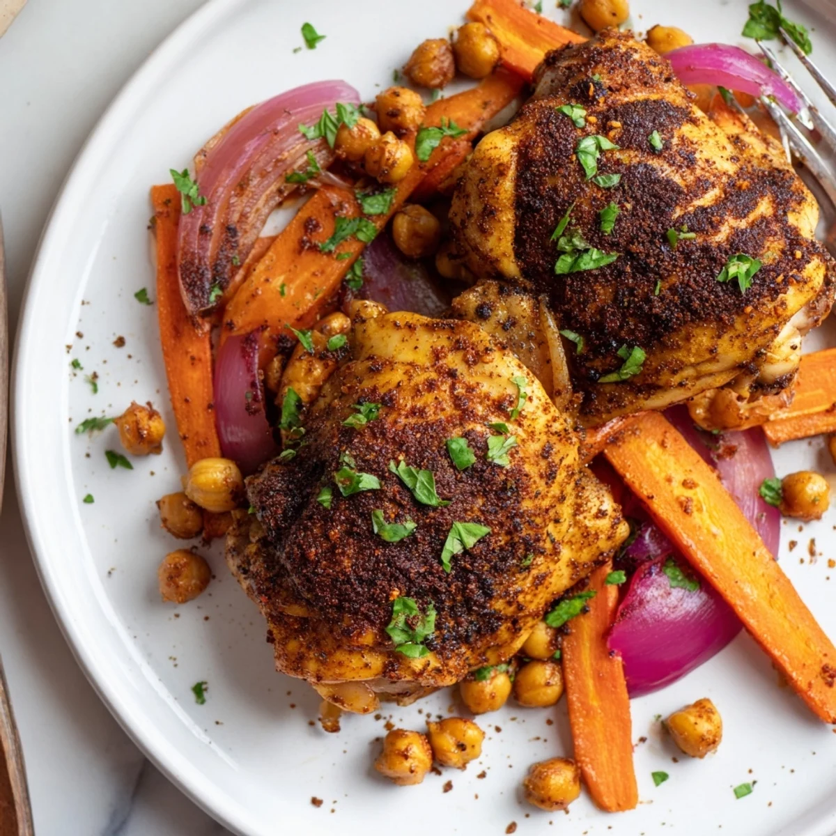 Golden sumac chicken with carrots and chickpeas roasted on a sheet pan