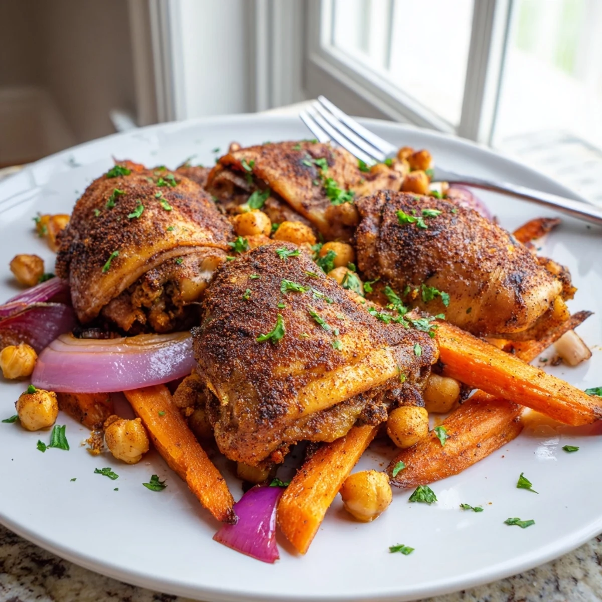Crispy-skinned sumac chicken nestled among tender roasted carrots and hearty chickpeas