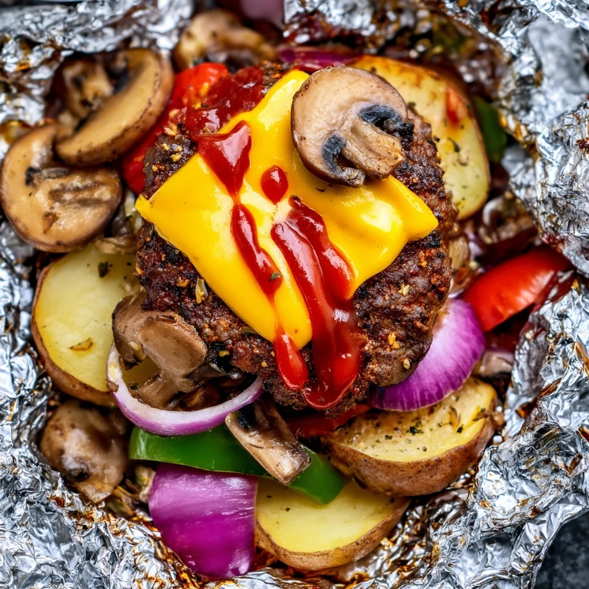 Cheeseburger hobo packets opened to reveal melted cheddar over juicy beef patties and tender vegetables