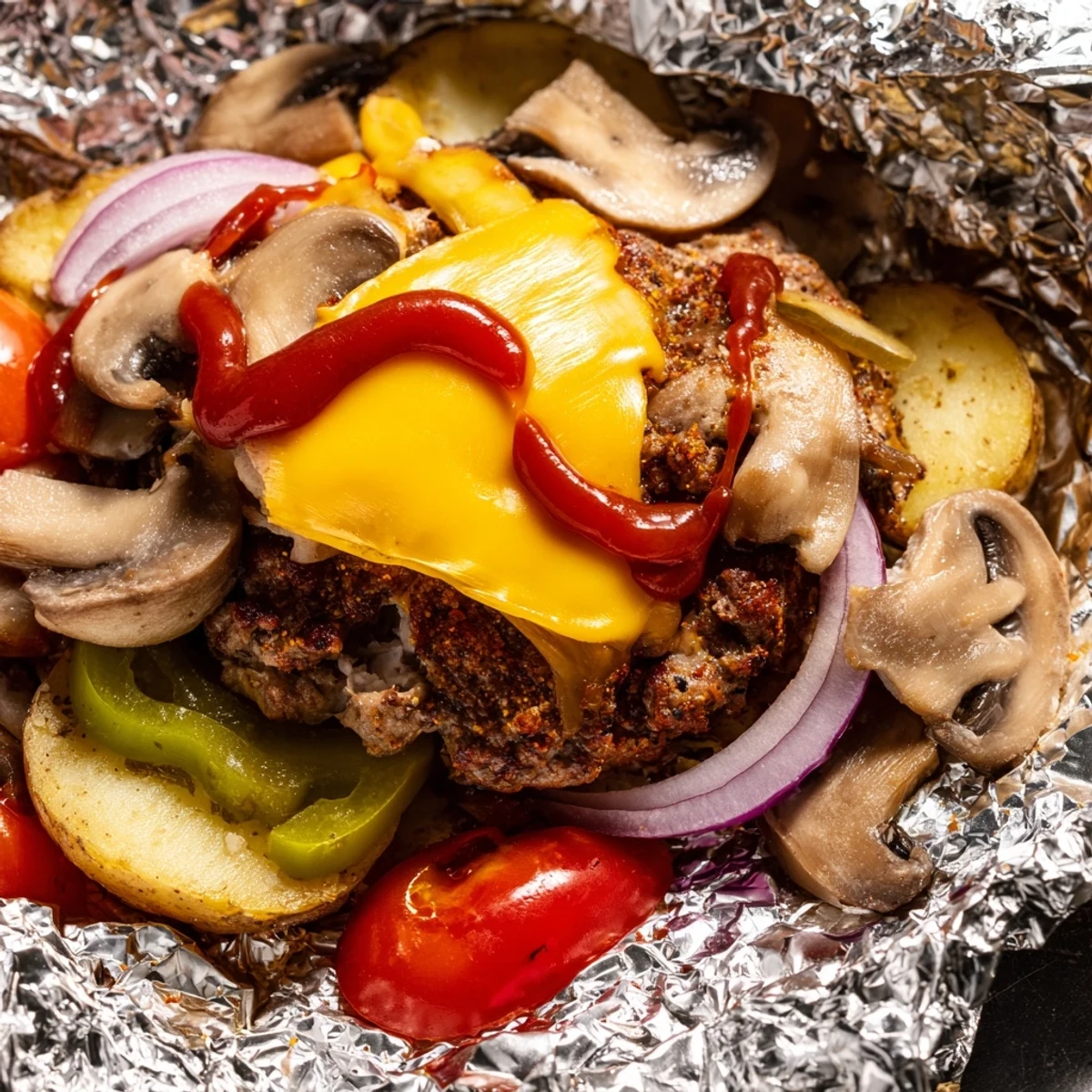 Smoky campfire cheeseburger hobo packets loaded with seasoned ground beef potatoes and colorful bell peppers