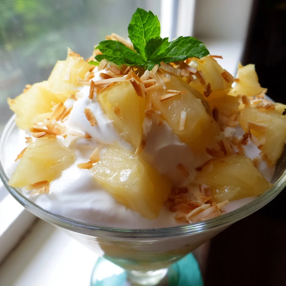 Mini pineapple condensed coconut milk desserts topped with toasted flakes in glass cups