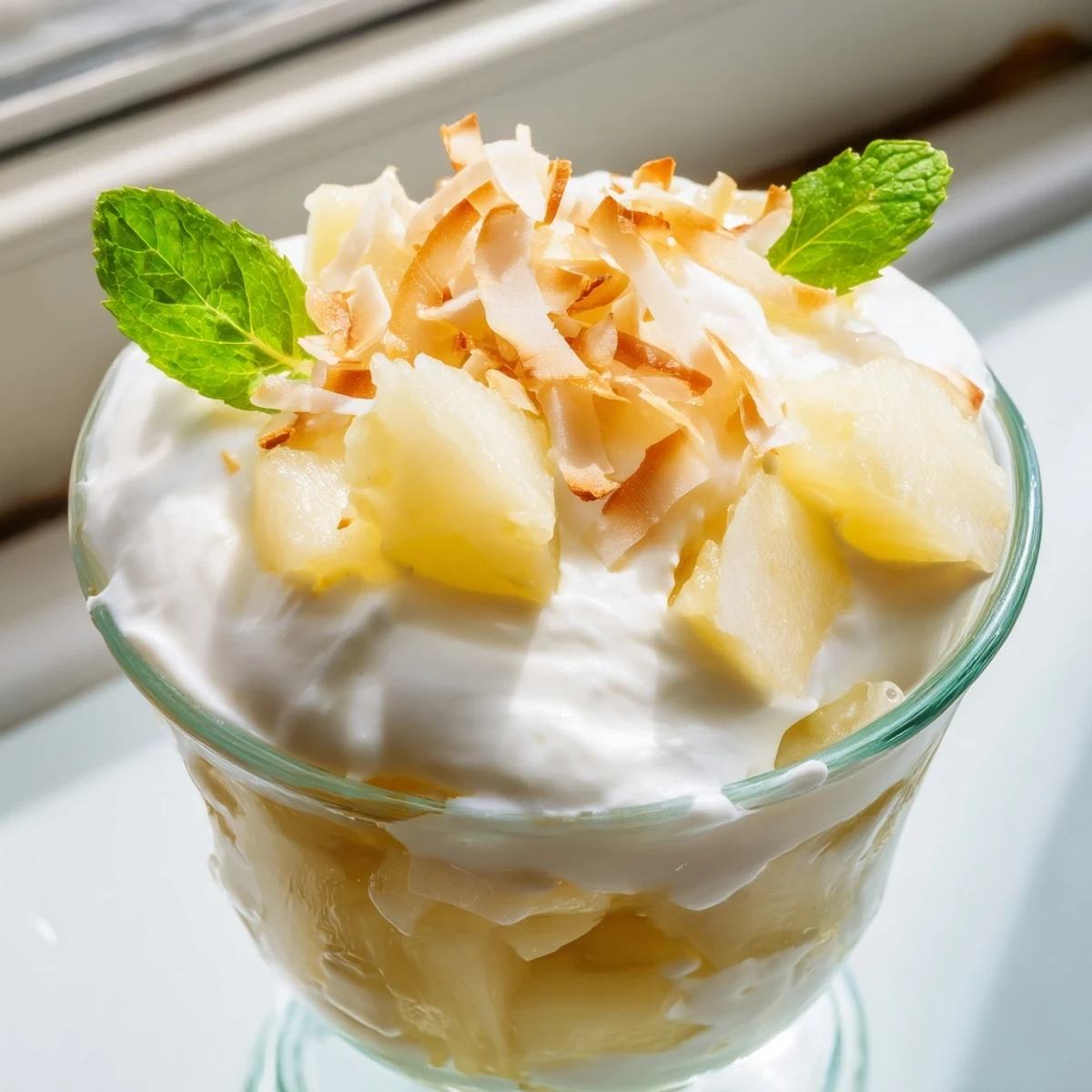 Creamy mini pineapple condensed coconut milk served in individual cups with mint garnish