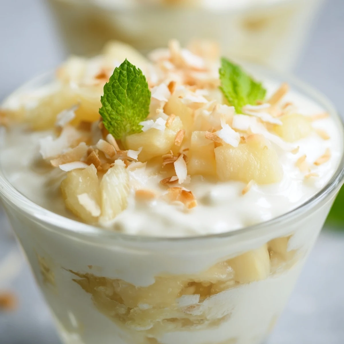 Golden pineapple chunks layered with mini pineapple condensed coconut milk and crispy coconut
