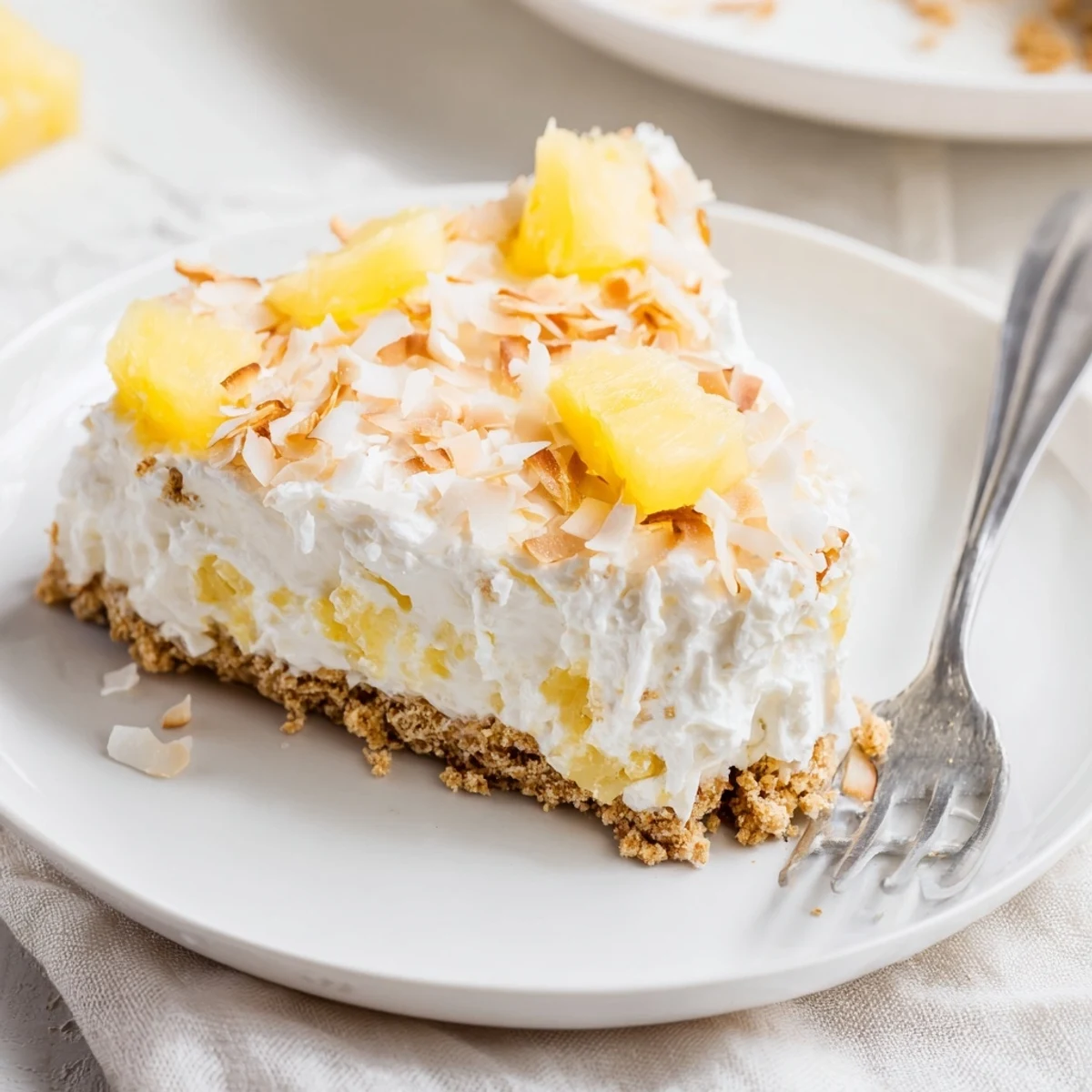 Creamy no bake pineapple coconut cream cake sliced and topped with golden toasted coconut flakes