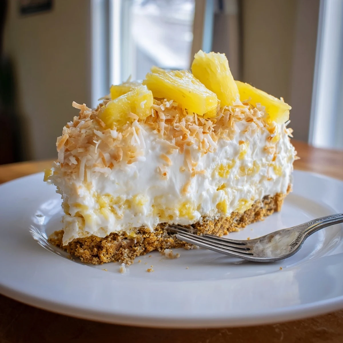 Chilled no bake pineapple coconut cream cake garnished with fresh pineapple chunks and crispy coconut