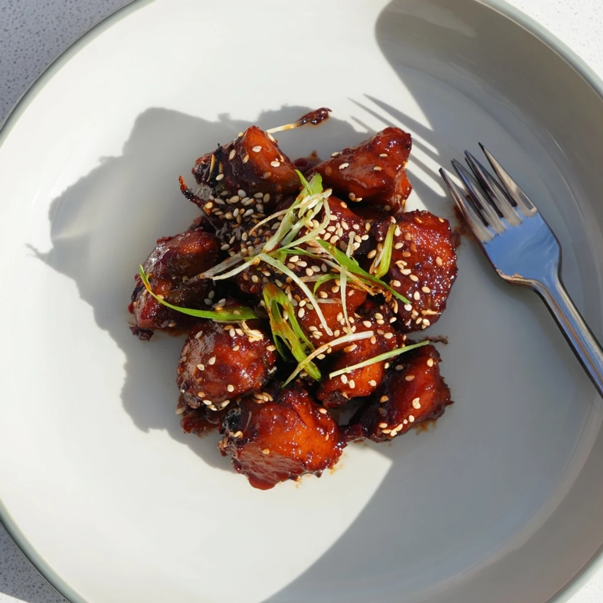 Gochujang Chicken glistening with sticky red glaze, sprinkled with sesame seeds and scallions