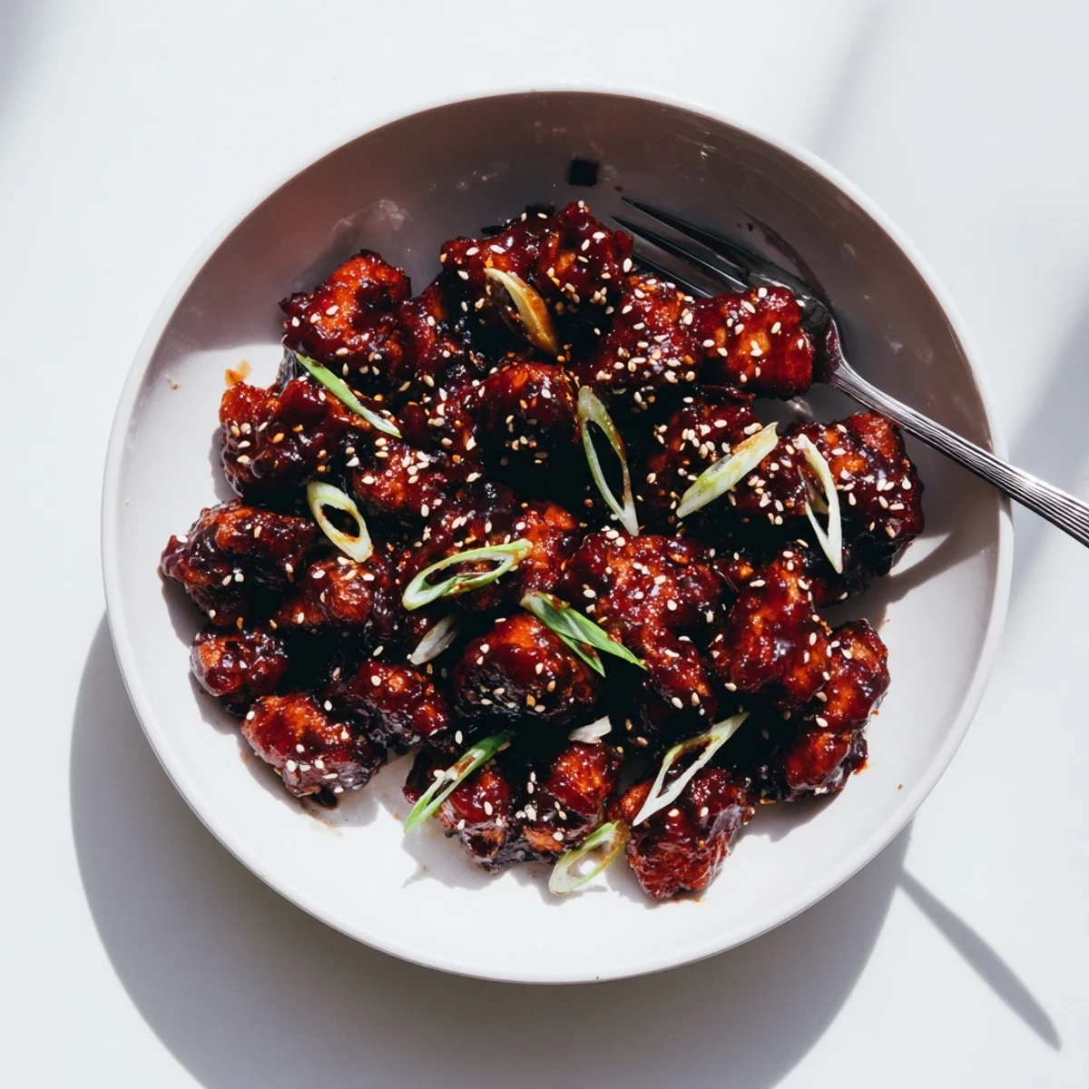 Caramelized Gochujang Chicken pieces sizzling in a skillet with a rich, spicy sauce