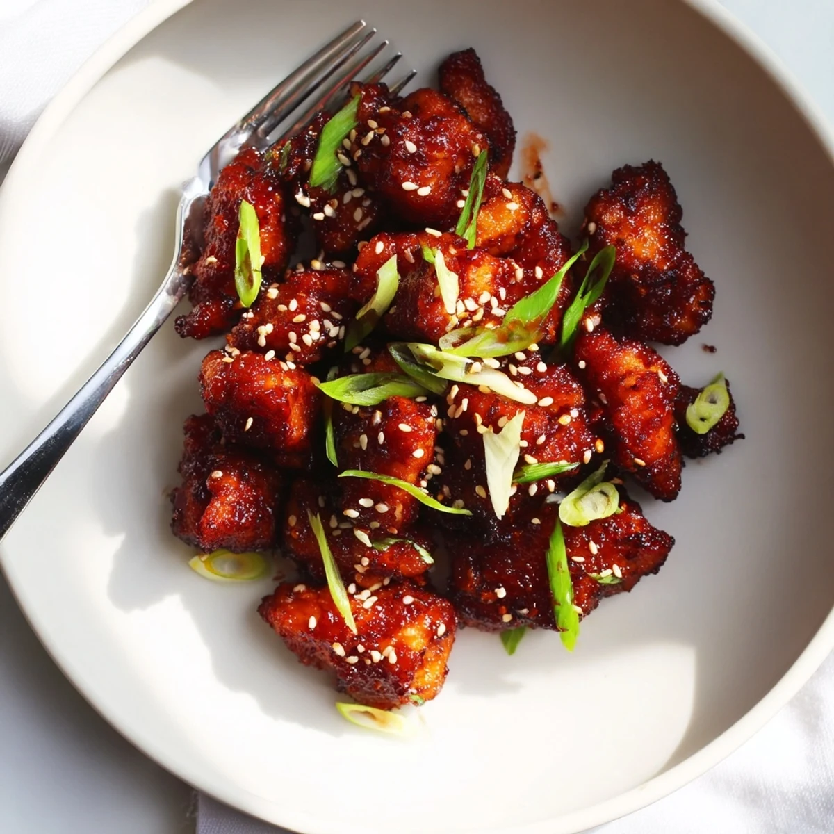 Gochujang Chicken served over steamed white rice, topped with toasted sesame seeds