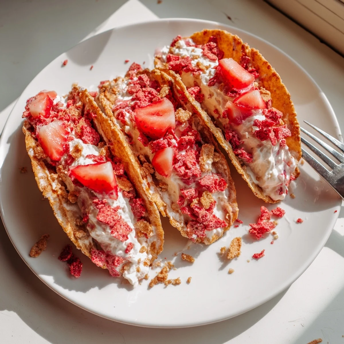 Crispy cinnamon-sugar taco shells filled with creamy strawberry crunch cheesecake tacos topped with fresh berries