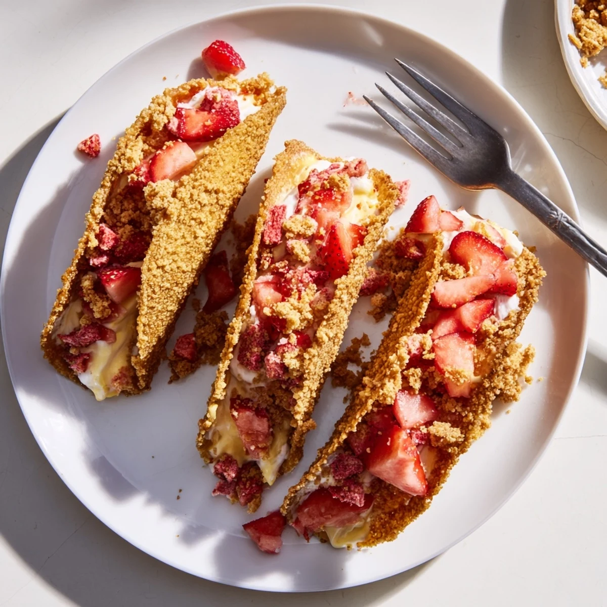 Golden baked tortilla shells overflow with fluffy cheesecake filling and vibrant strawberry crunch crumble topping