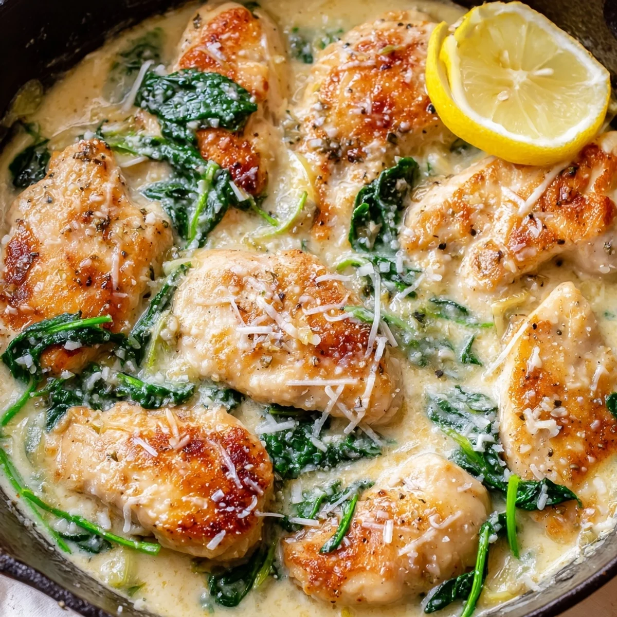 Golden seared Lemon Parmesan Spinach Chicken nestled in a creamy, garlicky sauce with wilted greens