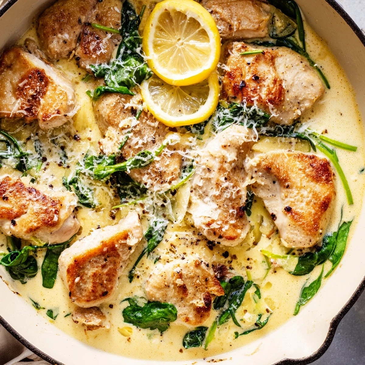 Juicy Lemon Parmesan Spinach Chicken topped with melted cheese and bright citrus slices on a plate