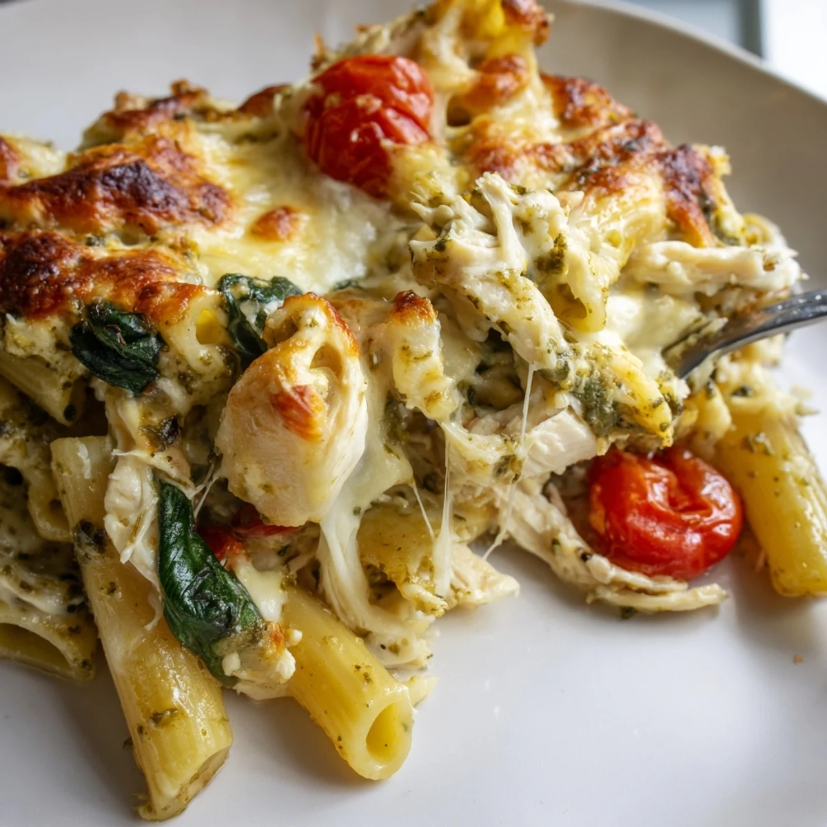 Golden bubbling pesto chicken pasta bake fresh from the oven with melted mozzarella