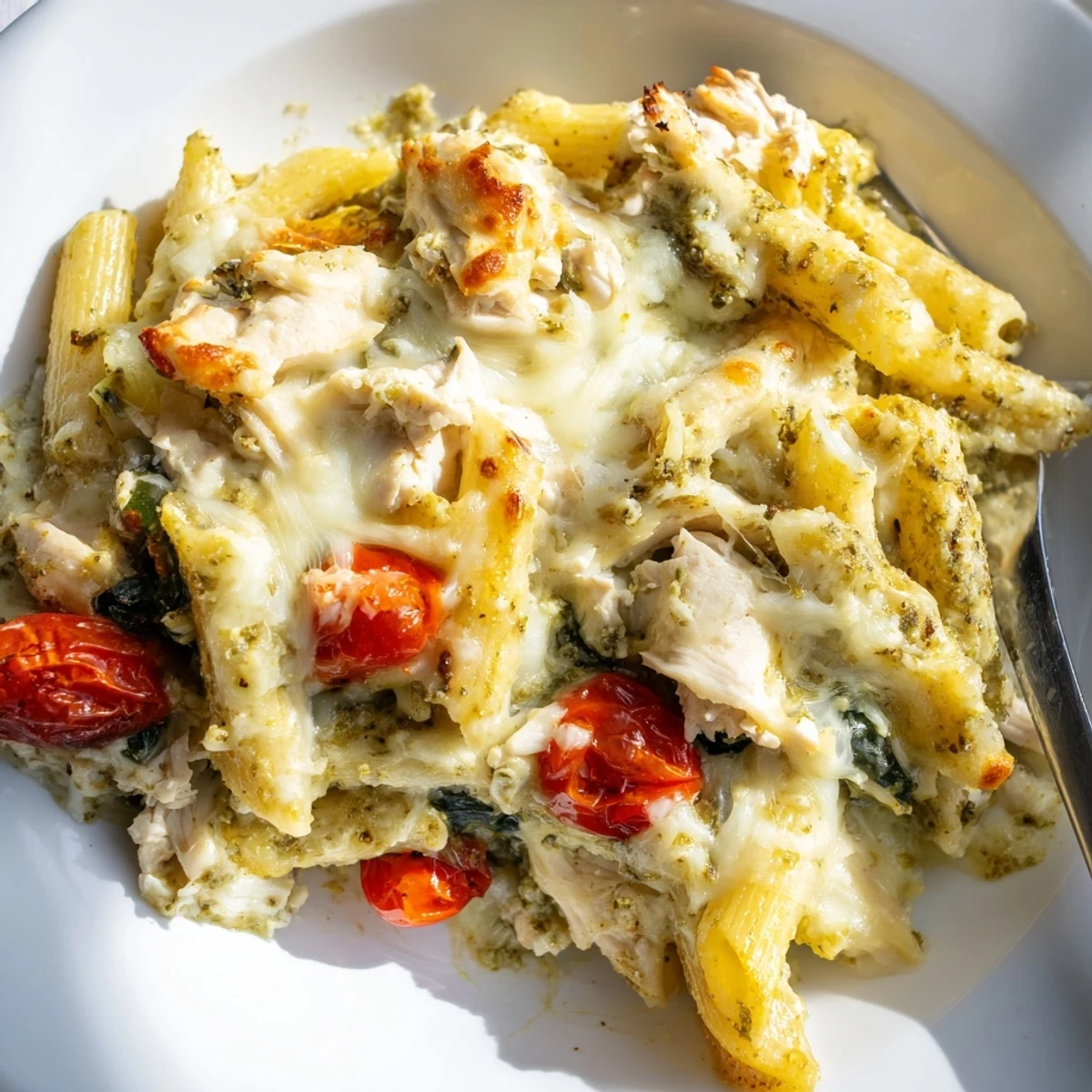 Creamy pesto chicken pasta bake scooped onto a plate with blistered cherry tomatoes