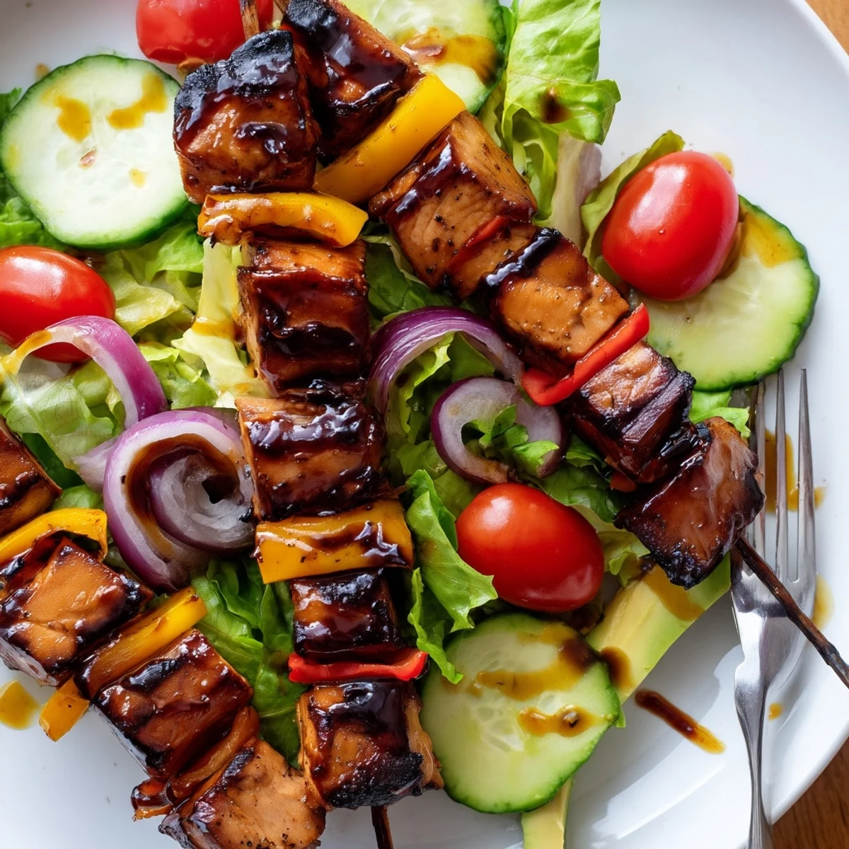 Smoky BBQ chicken skewers rest atop a colorful bed of crisp garden vegetables and creamy avocado slices