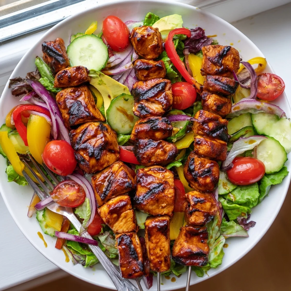 Grilled BBQ chicken skewer salad with charred edges and juicy meat over vibrant mixed greens