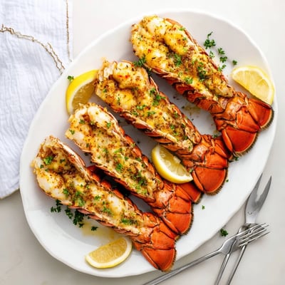 A close-up of succulent Garlic Butter Lobster Tails with lemon wedges, ready for a special occasion dinner.