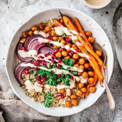 A vibrant One Pan Roasted Carrot Chickpea Bowl served over fluffy quinoa with fresh parsley and pomegranate seeds.